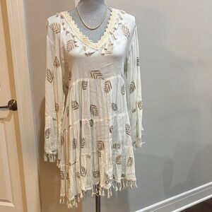 Zury Boho White and Brown Leaf Print Dress free size